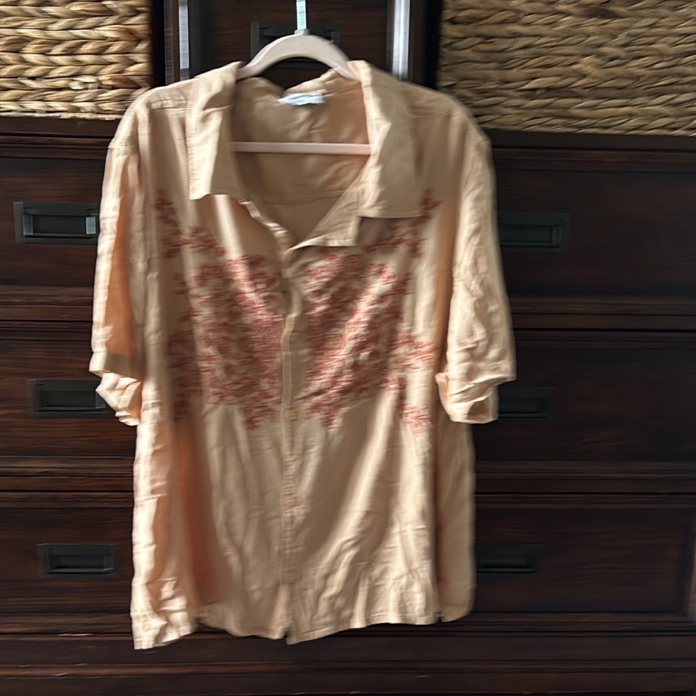 Vintage Mason Beige Embroidered Floral Button-Up Shirt and pant set in size XXXL